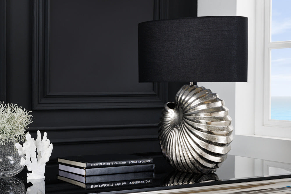Lampe de table design SHELL 60cm métal argenté-noir abat-jour en tissu maritime - 42736