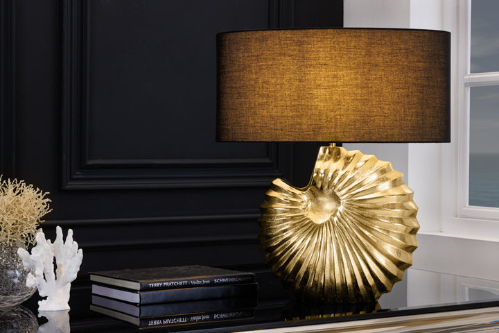 Lampe de table design SHELL 60cm métal noir doré abat-jour tissu maritime - 42737