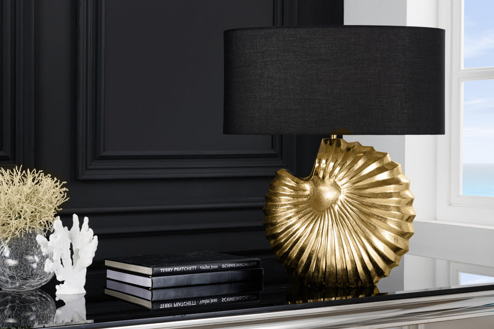 Lampe de table design SHELL 60cm métal noir doré abat-jour tissu maritime - 42737