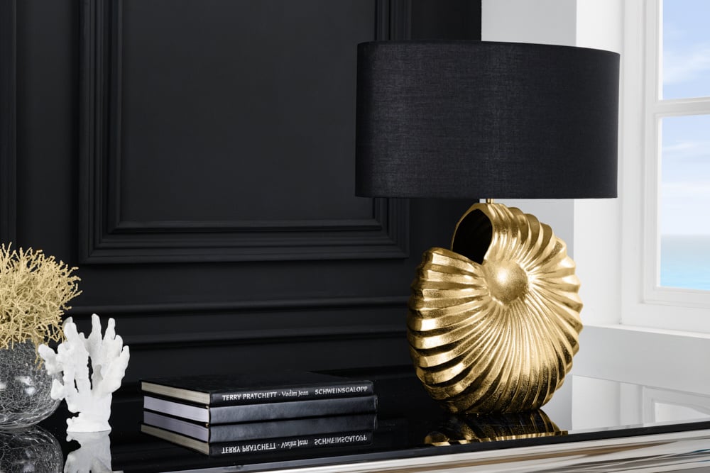 Lampe de table design SHELL 60cm métal noir doré abat-jour tissu maritime - 42737