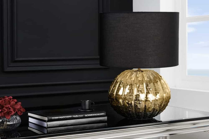 Lampe de table design ABSTRACT 50cm abat-jour en tissu métal doré-noir fait main - 42739