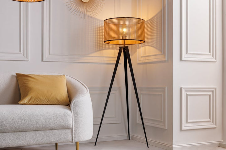 Lampadaire Boho VIENNA 142 cm noir naturel Lampadaire trépied en métal tressé viennois - 42807