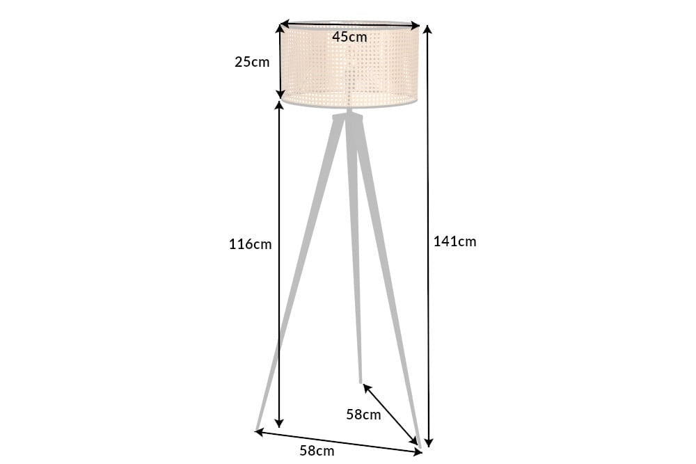 Lampadaire Boho VIENNA 142 cm noir naturel Lampadaire trépied en métal tressé viennois - 42807