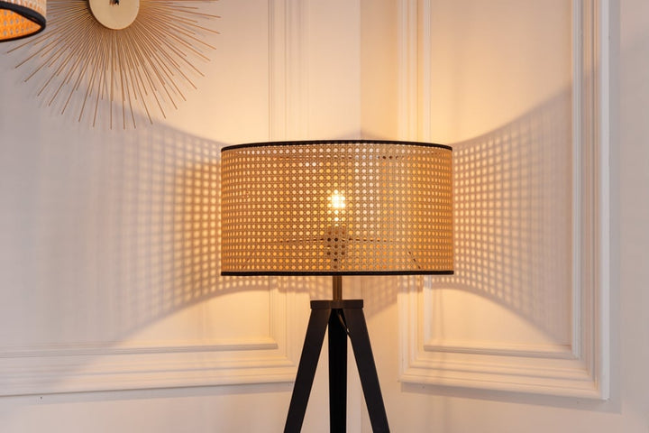 Lampadaire Boho VIENNA 142 cm noir naturel Lampadaire trépied en métal tressé viennois - 42807