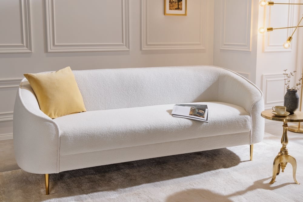 Canapé lounge design 3 places DIVA 205cm blanc Boucle 3 places pieds métal doré - 42817