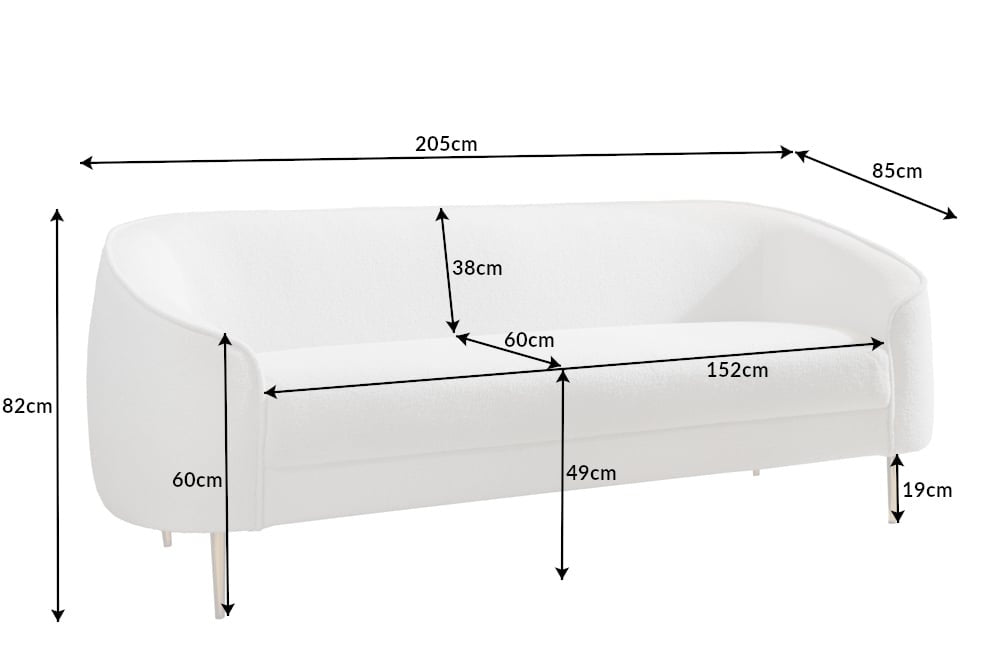 Canapé lounge design 3 places DIVA 205cm blanc Boucle 3 places pieds métal doré - 42817