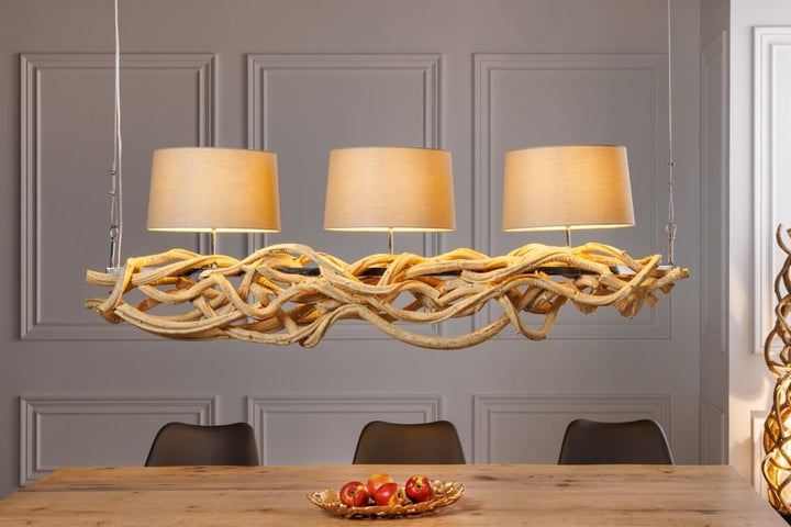 Lampe à suspension design VIGNE 160cm en bois massif recyclé naturel abat-jour en lin fait main - 42991