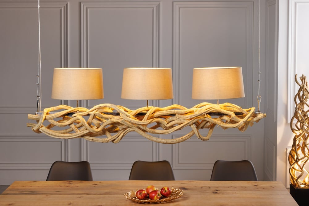 Lampe à suspension design VIGNE 160cm en bois massif recyclé naturel abat-jour en lin fait main - 42991