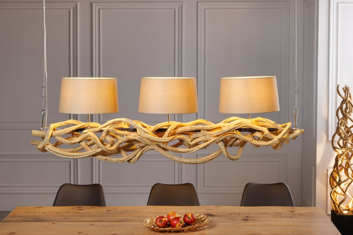 Lampe à suspension design VIGNE 160cm en bois massif recyclé naturel abat-jour en lin fait main - 42991