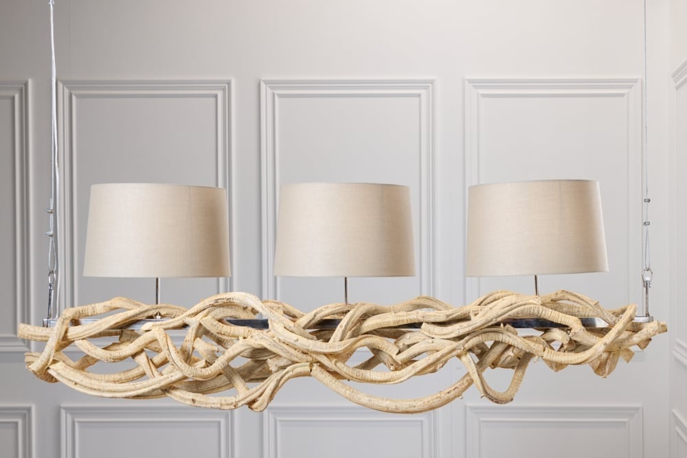 Lampe à suspension design VIGNE 160cm en bois massif recyclé naturel abat-jour en lin fait main - 42991