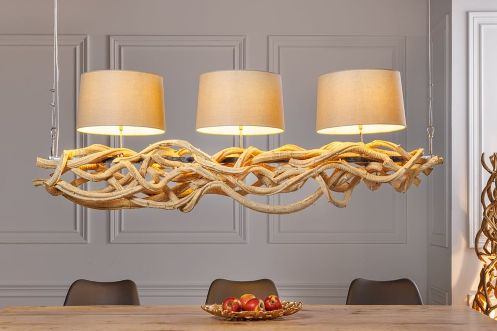 Lampe à suspension design VIGNE 160cm en bois massif recyclé naturel abat-jour en lin fait main - 42991