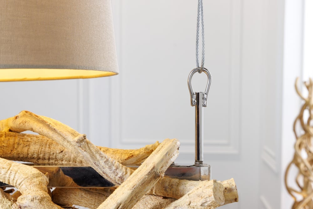 Lampe à suspension design VIGNE 160cm en bois massif recyclé naturel abat-jour en lin fait main - 42991