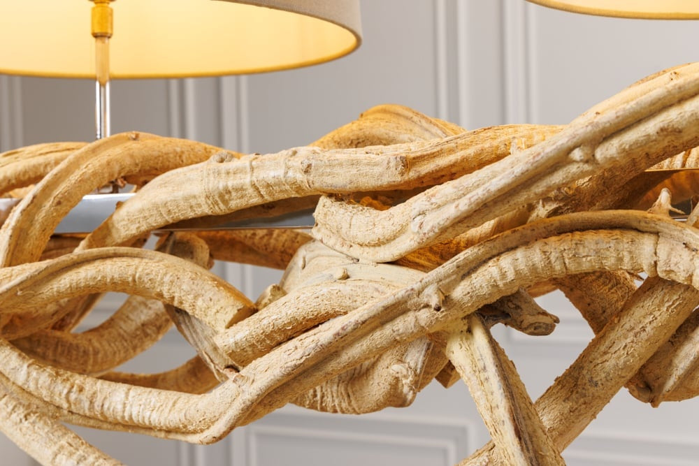 Lampe à suspension design VIGNE 160cm en bois massif recyclé naturel abat-jour en lin fait main - 42991