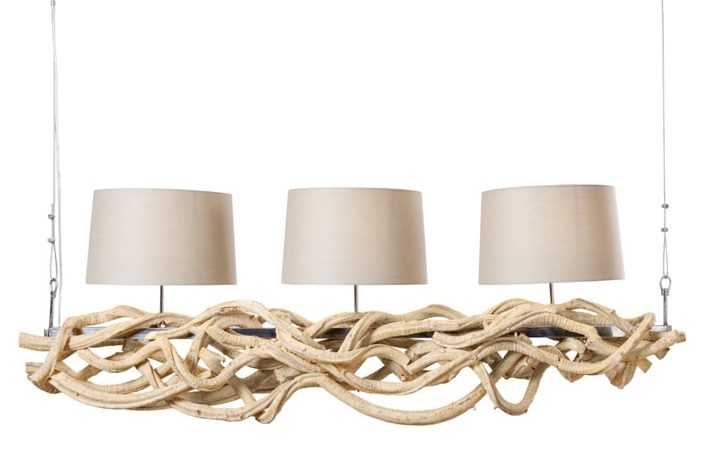 Lampe à suspension design VIGNE 160cm en bois massif recyclé naturel abat-jour en lin fait main - 42991