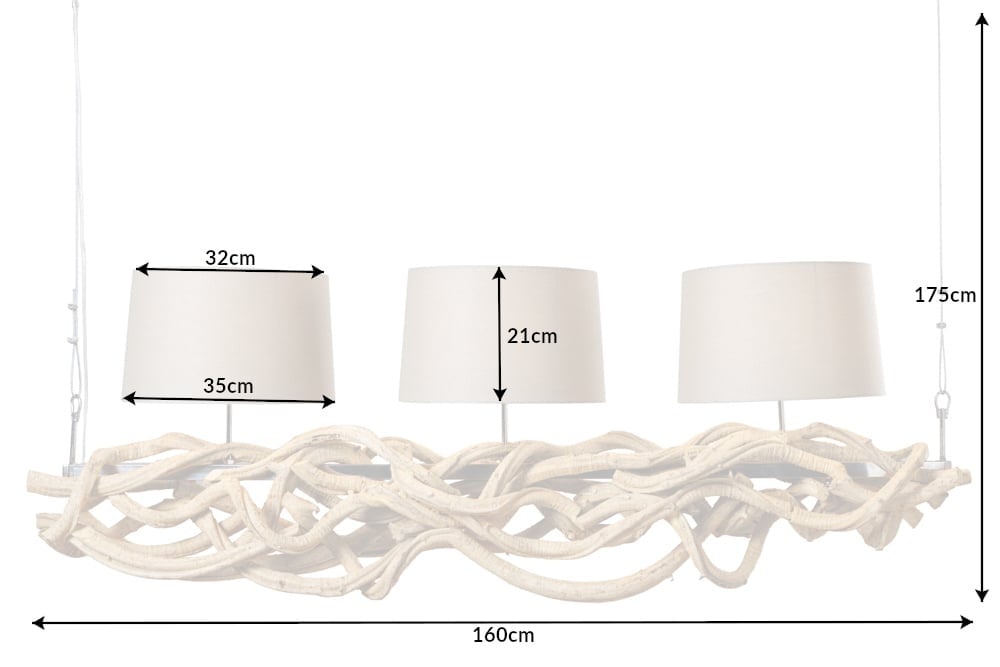 Lampe à suspension design VIGNE 160cm en bois massif recyclé naturel abat-jour en lin fait main - 42991