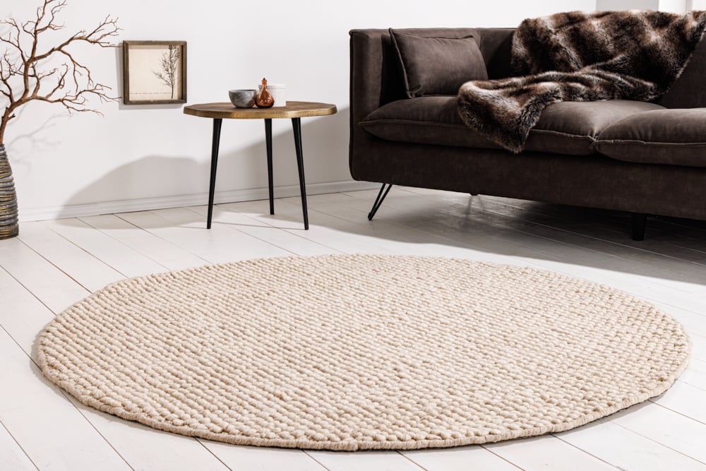 Tapis design LAINE 150cm laine ronde beige fait main - 43056