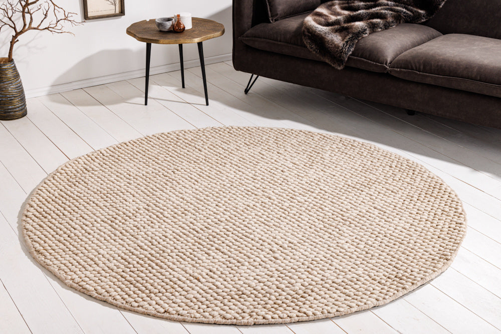 Tapis design LAINE 150cm laine ronde beige fait main - 43056
