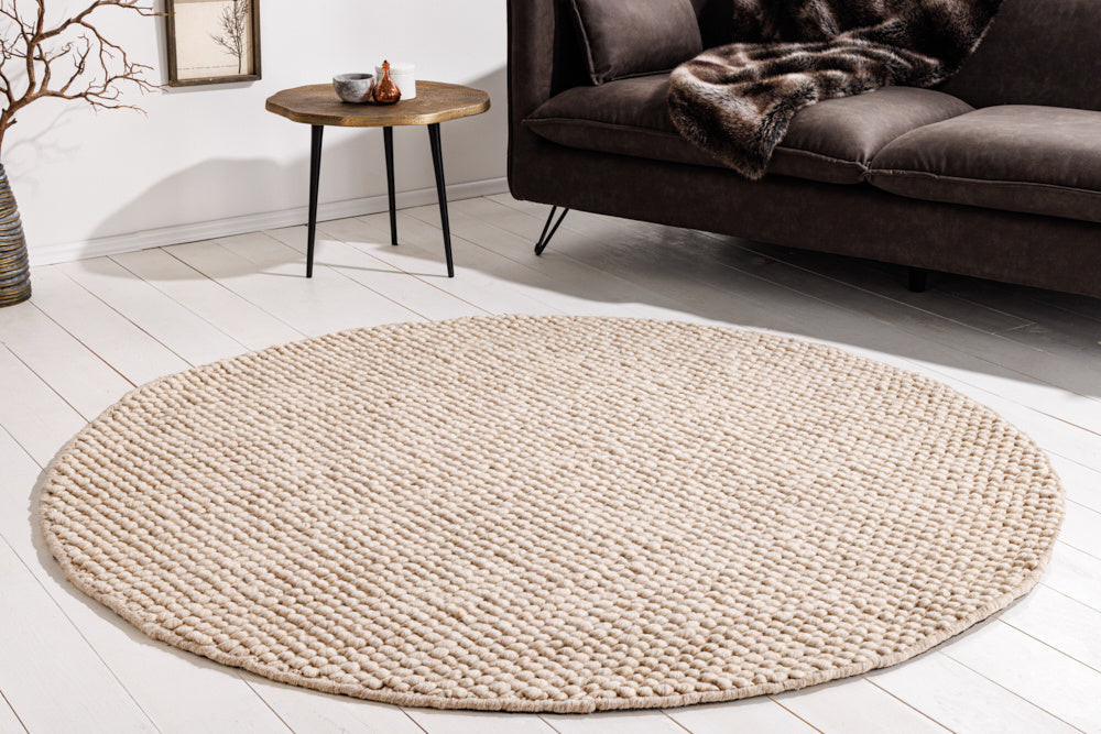 Tapis design LAINE 150cm laine ronde beige fait main - 43056