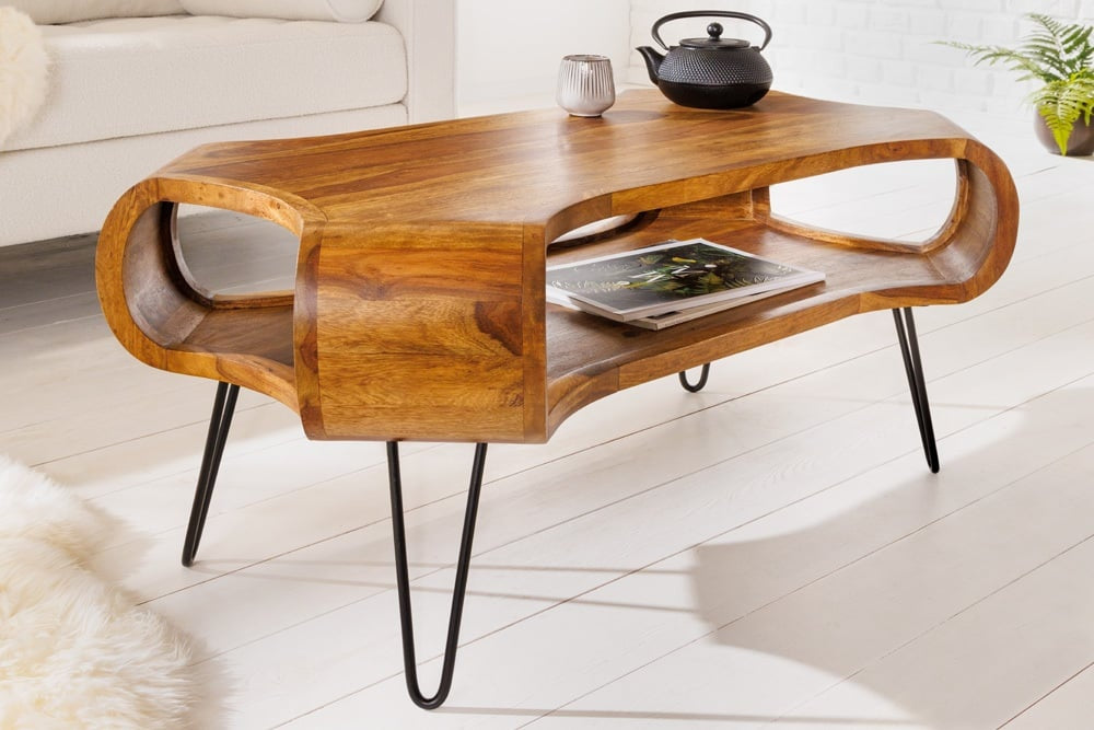 Design Couchtisch ORGANIC LIVING 100 cm finition pierre Sheesham Massivholz pieds en épingle à cheveux faits à la main - 43073