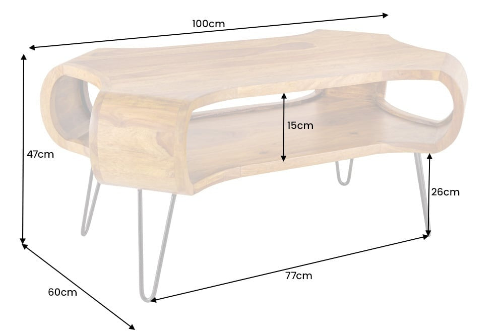 Design Couchtisch ORGANIC LIVING 100 cm finition pierre Sheesham Massivholz pieds en épingle à cheveux faits à la main - 43073