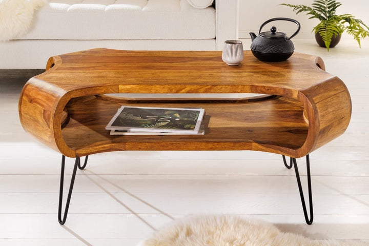 Design Couchtisch ORGANIC LIVING 100 cm finition pierre Sheesham Massivholz pieds en épingle à cheveux faits à la main - 43073