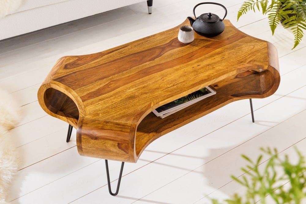 Design Couchtisch ORGANIC LIVING 100 cm finition pierre Sheesham Massivholz pieds en épingle à cheveux faits à la main - 43073