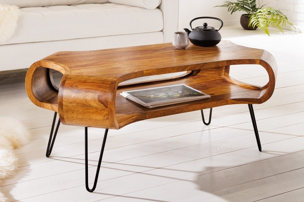 Design Couchtisch ORGANIC LIVING 100 cm finition pierre Sheesham Massivholz pieds en épingle à cheveux faits à la main - 43073