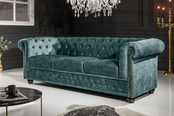 Canapé 3 places Chesterfield 205 cm velours pétrole rivets dorés canapé lounge avec âme à ressorts - 43091
