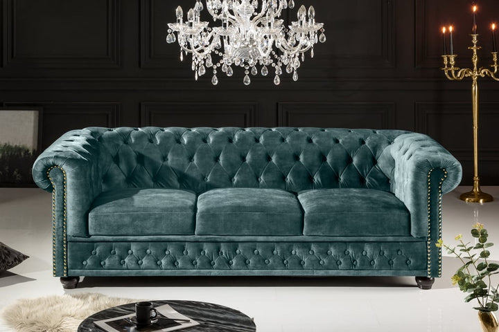 Canapé 3 places Chesterfield 205 cm velours pétrole rivets dorés canapé lounge avec âme à ressorts - 43091