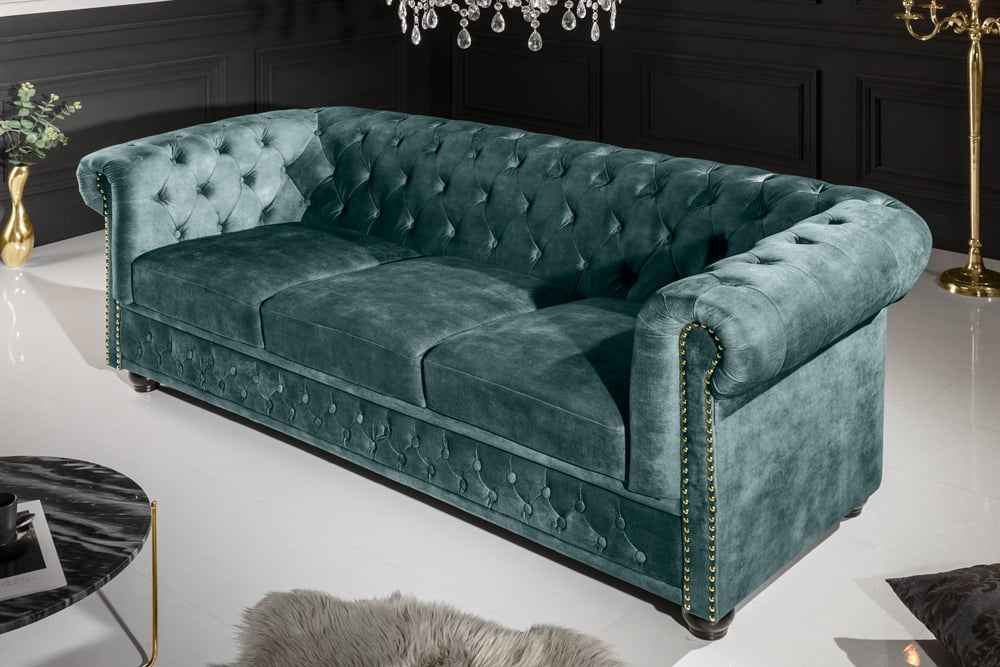 Canapé 3 places Chesterfield 205 cm velours pétrole rivets dorés canapé lounge avec âme à ressorts - 43091