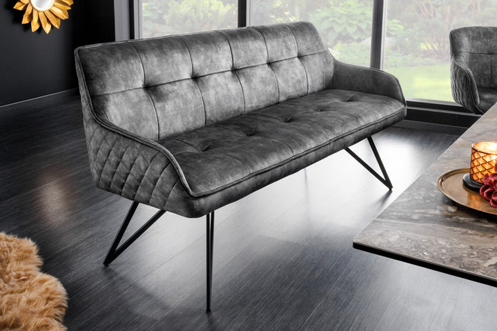 Canapé design EUPHORIA 160cm velours gris foncé style rétro matelassé décoratif pieds en épingle à cheveux pieds en métal accoudoirs - 43127