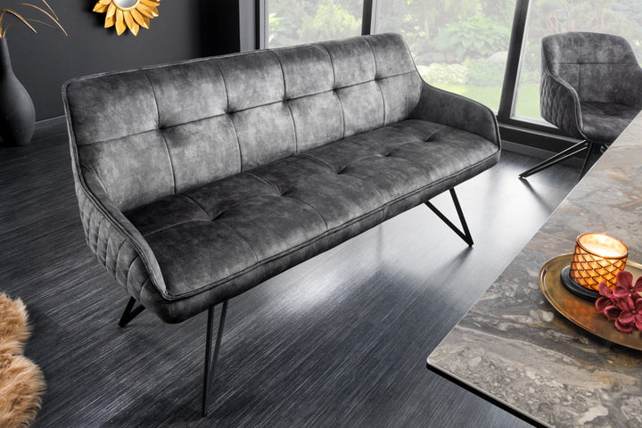 Canapé design EUPHORIA 160cm velours gris foncé style rétro matelassé décoratif pieds en épingle à cheveux pieds en métal accoudoirs - 43127