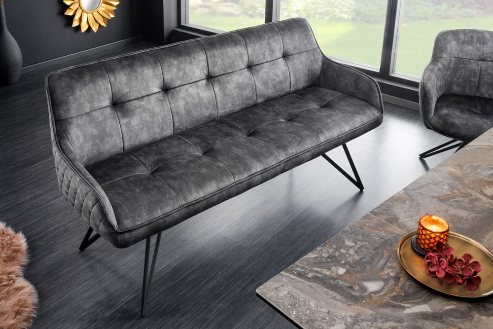 Canapé design EUPHORIA 160cm velours gris foncé style rétro matelassé décoratif pieds en épingle à cheveux pieds en métal accoudoirs - 43127
