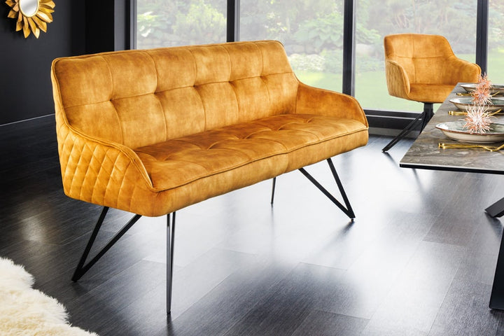 Canapé design EUPHORIA 160cm velours jaune moutarde style rétro matelassé décoratif pieds en épingle à cheveux pieds en métal accoudoirs - 43128