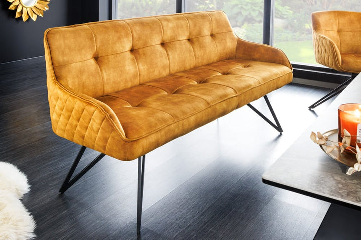 Canapé design EUPHORIA 160cm velours jaune moutarde style rétro matelassé décoratif pieds en épingle à cheveux pieds en métal accoudoirs - 43128