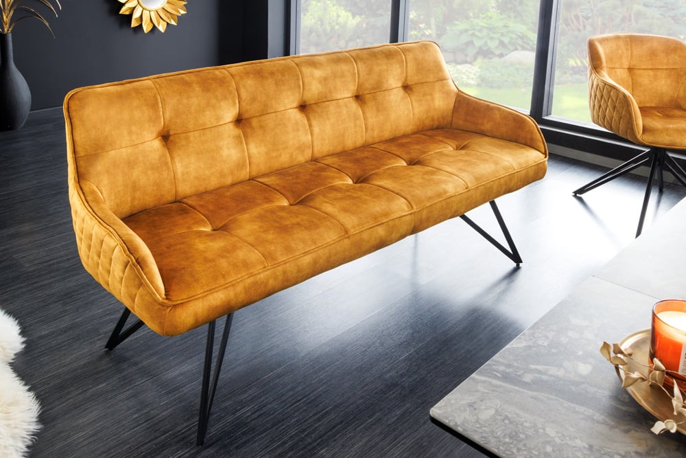 Canapé design EUPHORIA 160cm velours jaune moutarde style rétro matelassé décoratif pieds en épingle à cheveux pieds en métal accoudoirs - 43128