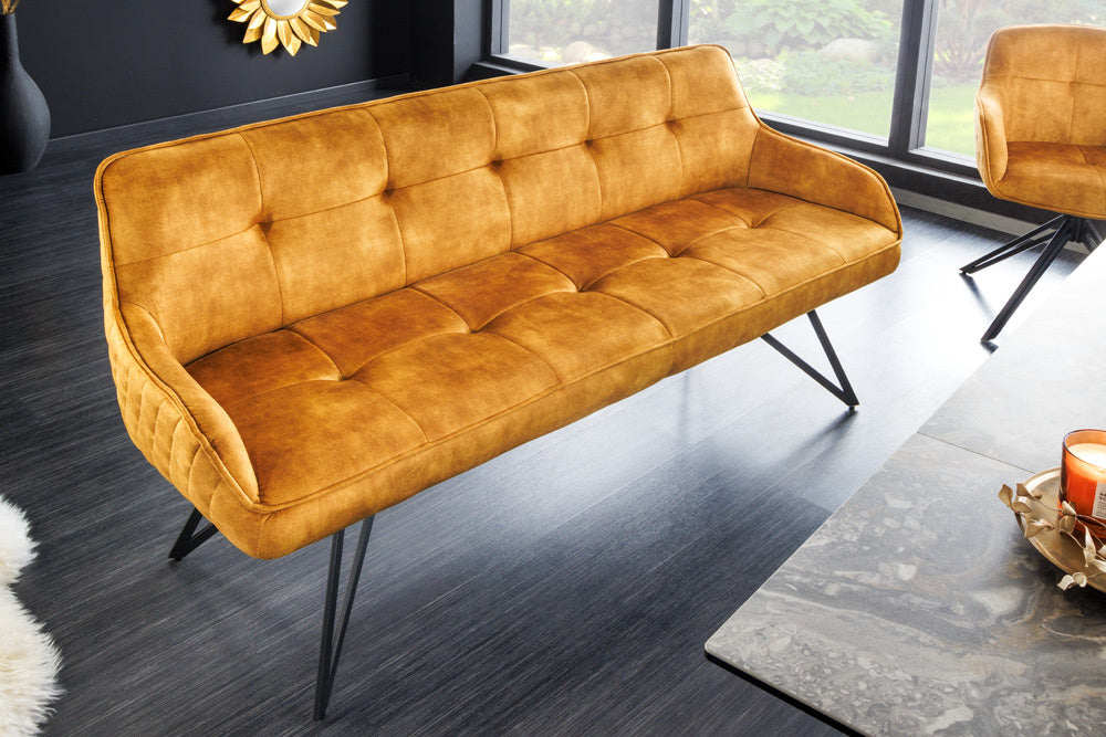 Canapé design EUPHORIA 160cm velours jaune moutarde style rétro matelassé décoratif pieds en épingle à cheveux pieds en métal accoudoirs - 43128