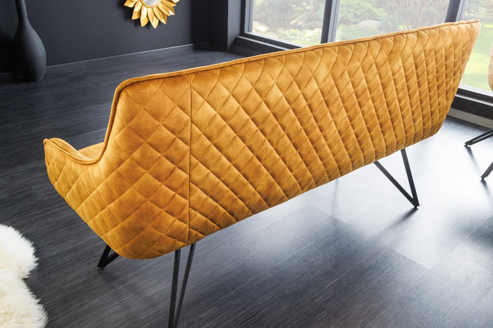 Canapé design EUPHORIA 160cm velours jaune moutarde style rétro matelassé décoratif pieds en épingle à cheveux pieds en métal accoudoirs - 43128