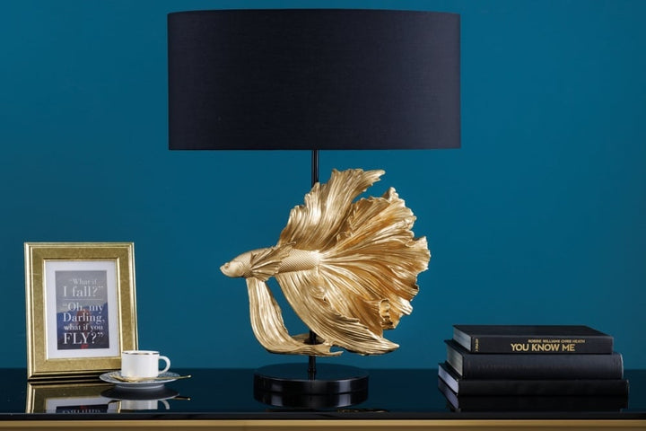 Lampe de table design CROWNTAIL 65cm abat-jour en tissu noir doré socle en marbre - 43170