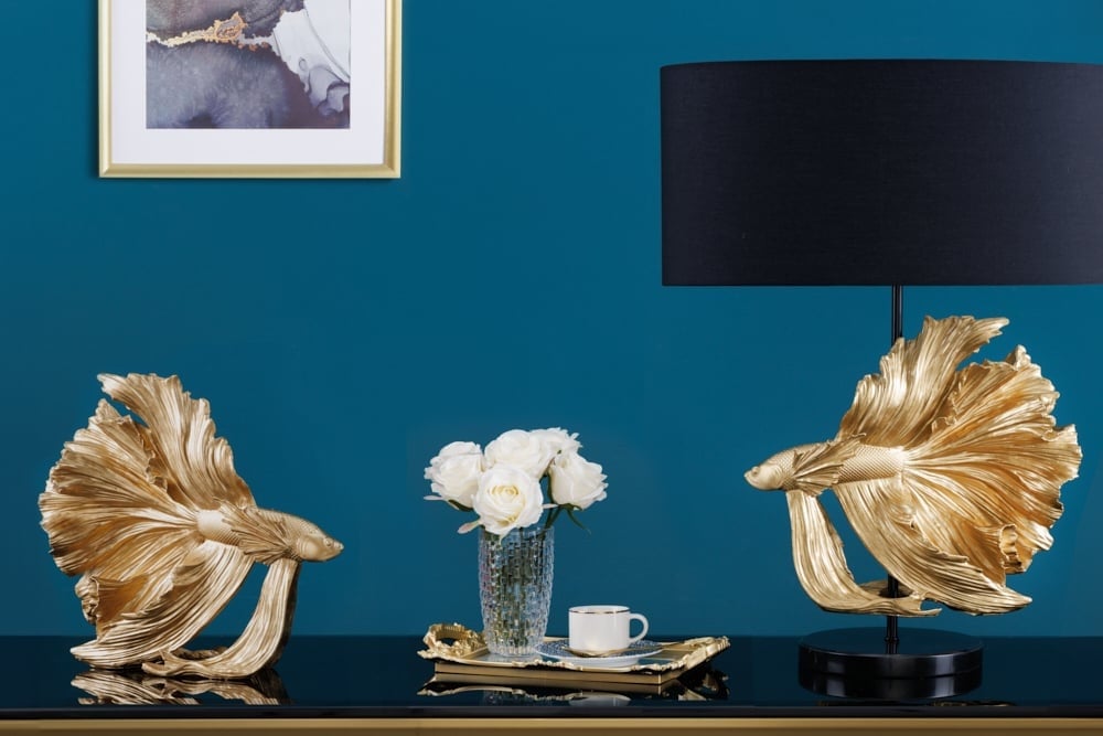 Lampe de table design CROWNTAIL 65cm abat-jour en tissu noir doré socle en marbre - 43170
