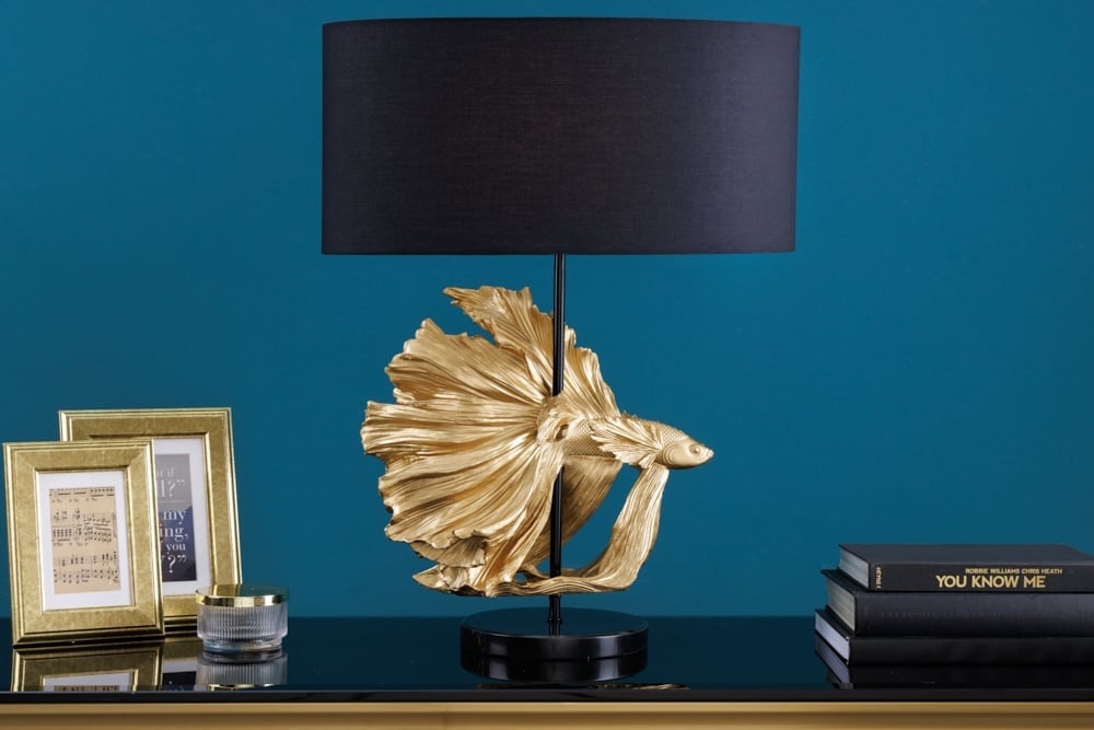 Lampe de table design CROWNTAIL 65cm abat-jour en tissu noir doré socle en marbre - 43170