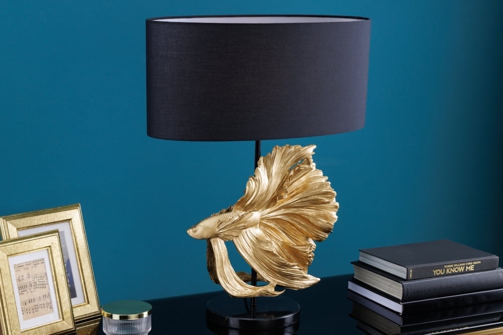Lampe de table design CROWNTAIL 65cm abat-jour en tissu noir doré socle en marbre - 43170