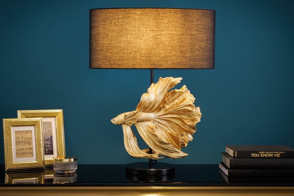 Lampe de table design CROWNTAIL 65cm abat-jour en tissu noir doré socle en marbre - 43170