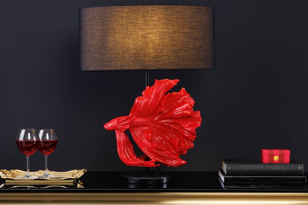 Lampe de table design CROWNTAIL 65cm abat-jour tissu rouge noir socle marbre - 43171