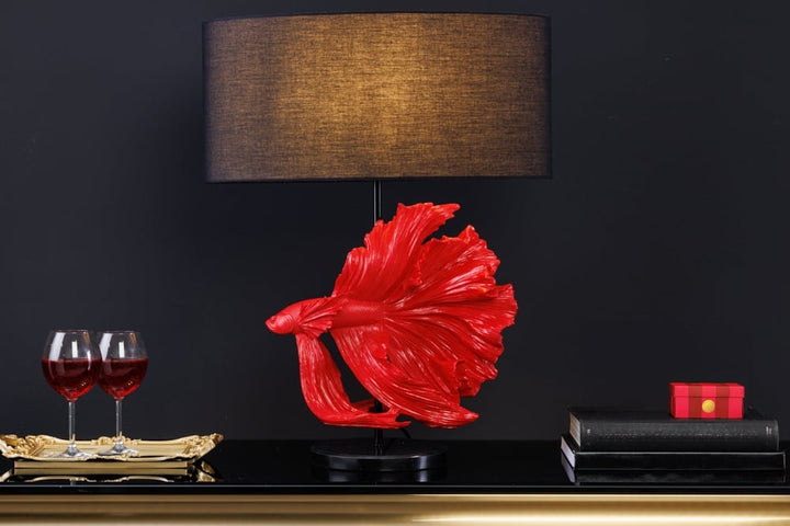 Lampe de table design CROWNTAIL 65cm abat-jour tissu rouge noir socle marbre - 43171