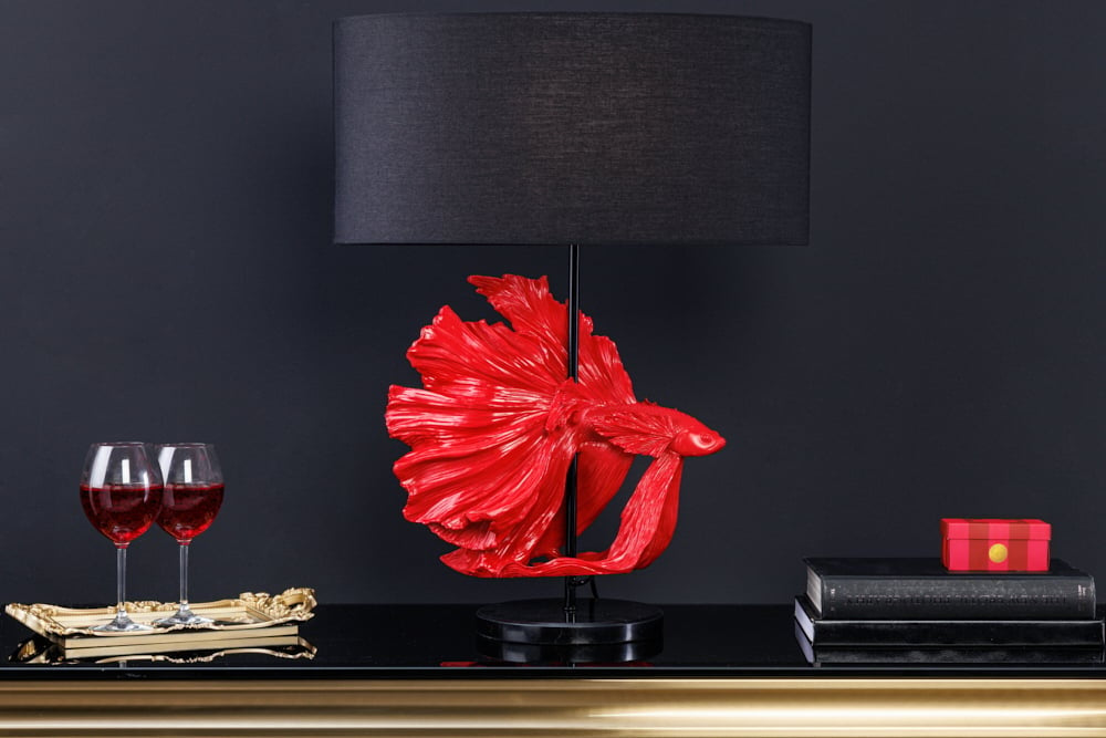 Lampe de table design CROWNTAIL 65cm abat-jour tissu rouge noir socle marbre - 43171