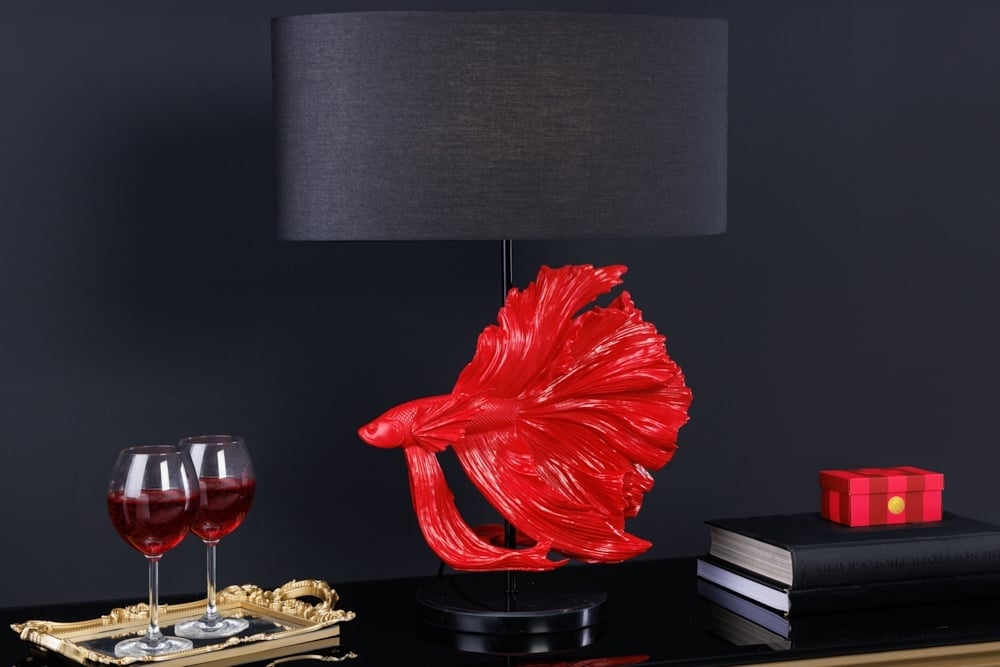 Lampe de table design CROWNTAIL 65cm abat-jour tissu rouge noir socle marbre - 43171