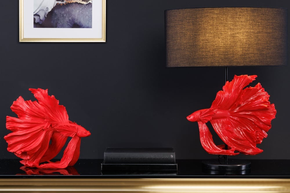 Lampe de table design CROWNTAIL 65cm abat-jour tissu rouge noir socle marbre - 43171
