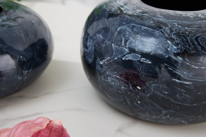 Set de 2 vases design STONE 25cm noir marbré fait main - 43186