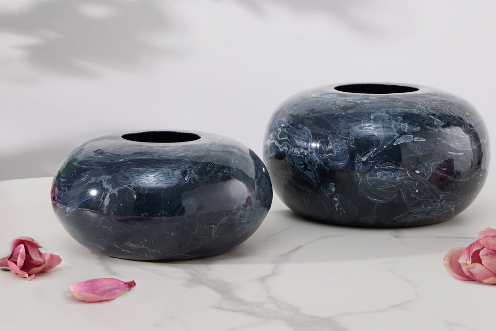 Set de 2 vases design STONE 25cm noir marbré fait main - 43186
